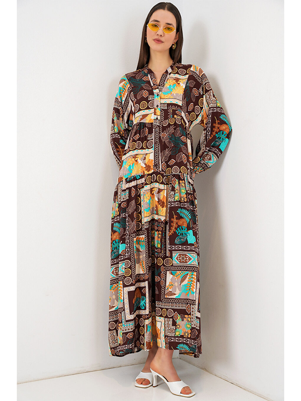 Kahverengi Kadın Desenli Uzun Tesettür Elbise 2585 - D.Kahve-3