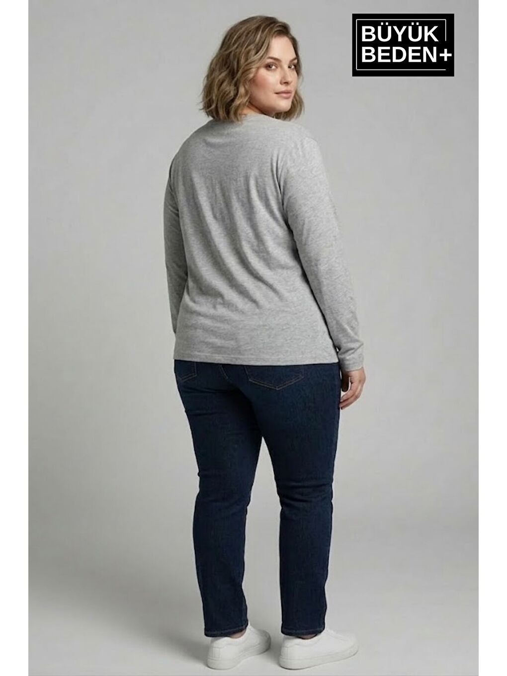 Gri Kadın Büyük Beden 2'li Set Uzun Kollu 2 İplik Bisiklet Yaka Tişört SPR26BEA942+2-1