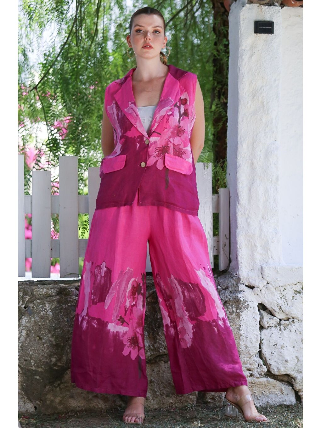 İtalyan Fuşya Ceket Yaka Kolsuz Desenli Düğmeli Cepli Keten Dokuma Alt Üst Takım 58-119 56-84-7