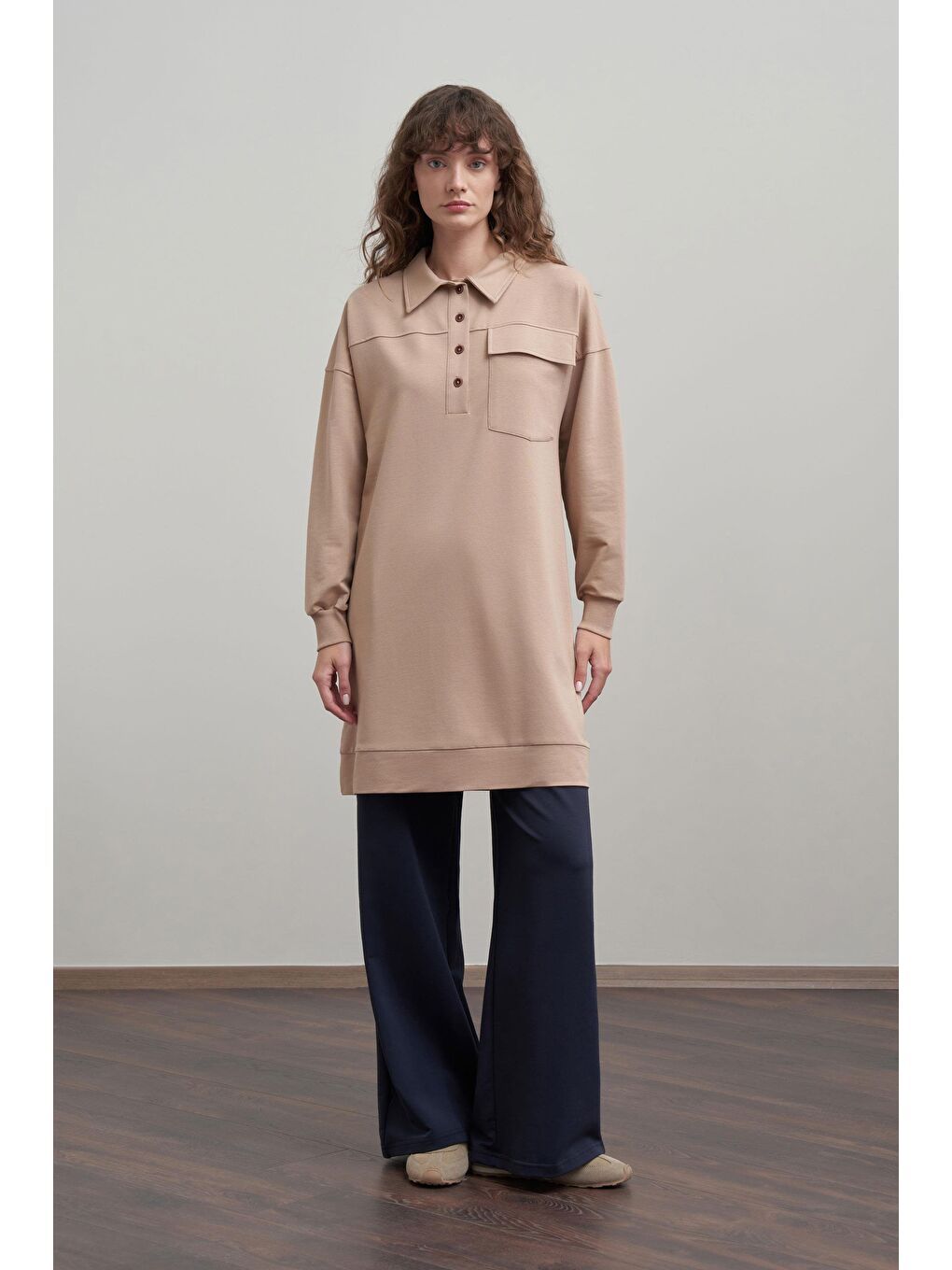 Bej Vizon-Pamuklu Cep Detaylı Tunik-1