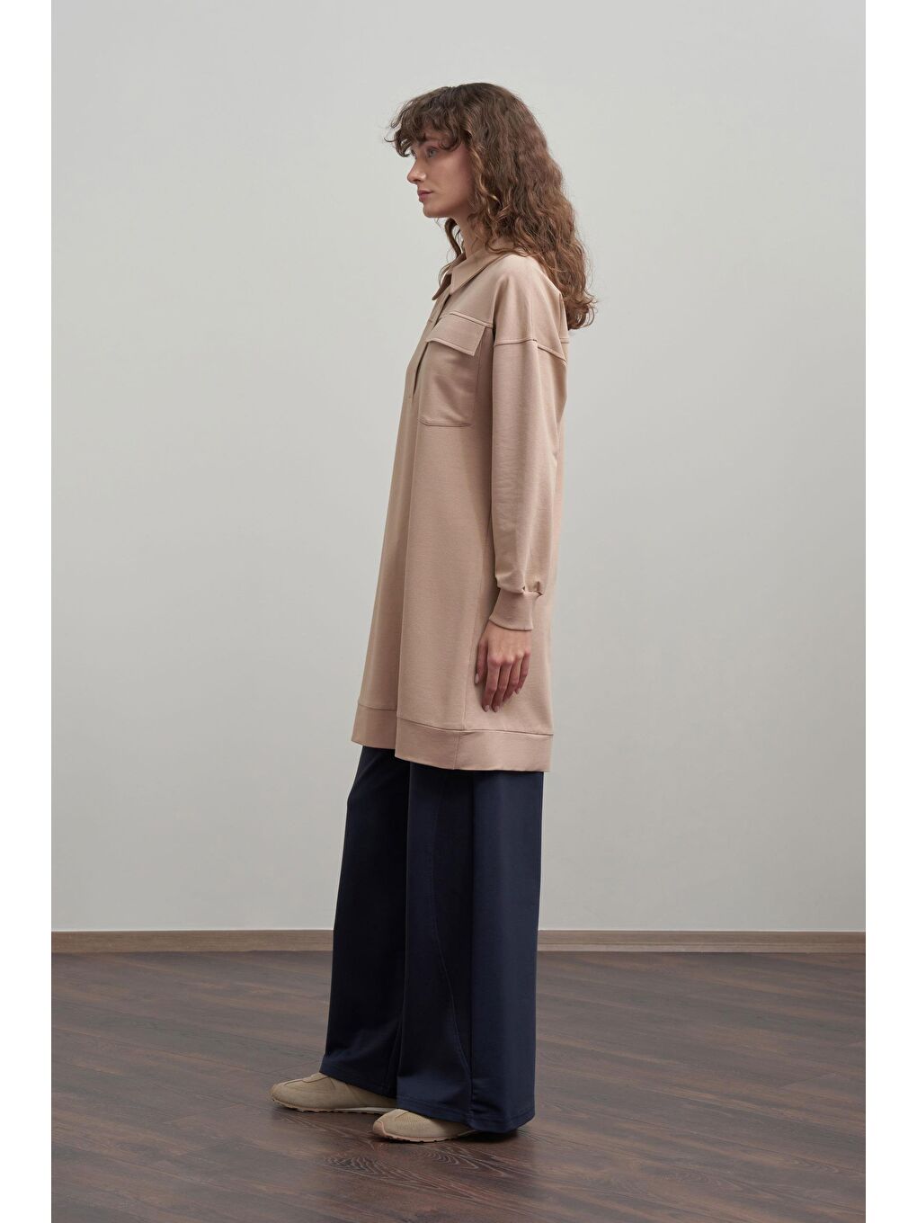 Bej Vizon-Pamuklu Cep Detaylı Tunik-2