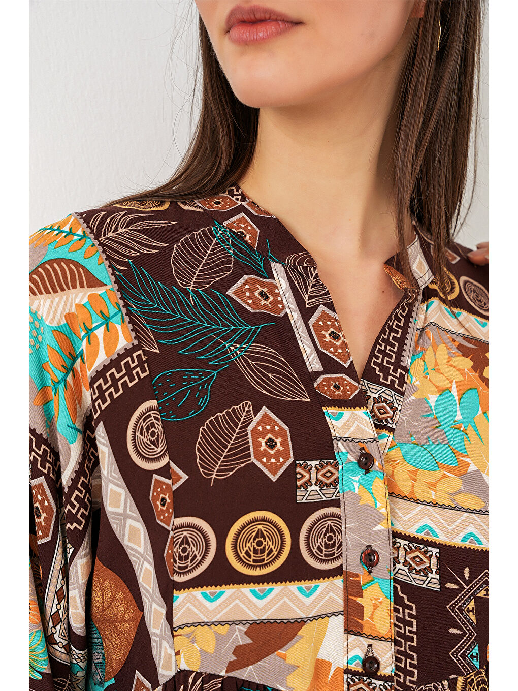 Kahverengi Kadın Desenli Uzun Tesettür Elbise 2585 - D.Kahve-4