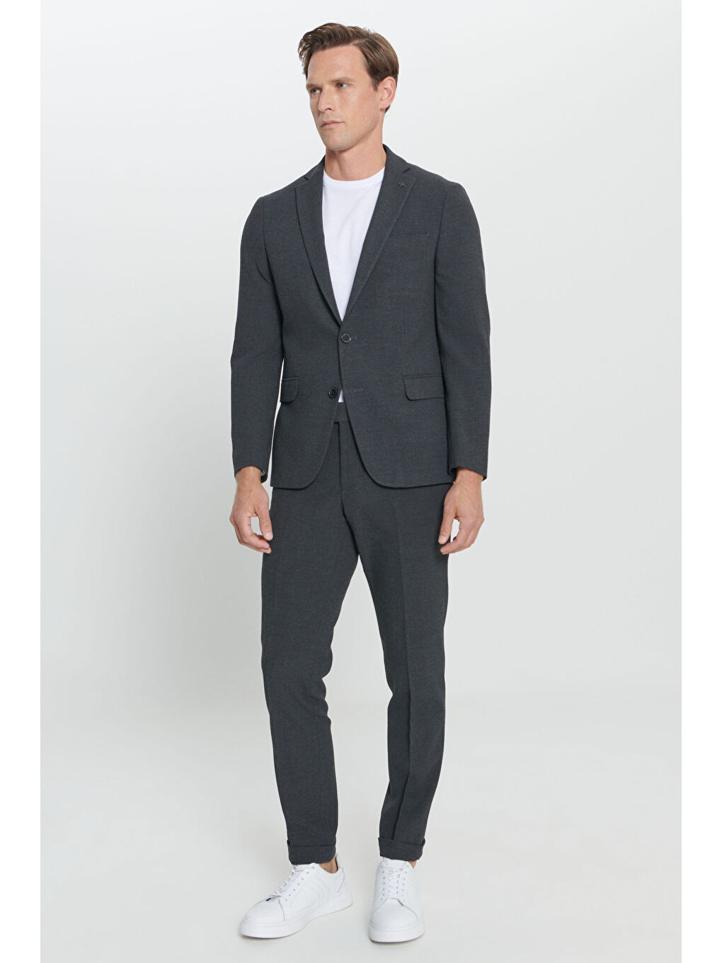 Erkek Antrasit Slim Fit Dar Kesim Mono Yaka Desenli Takım Elbise-1