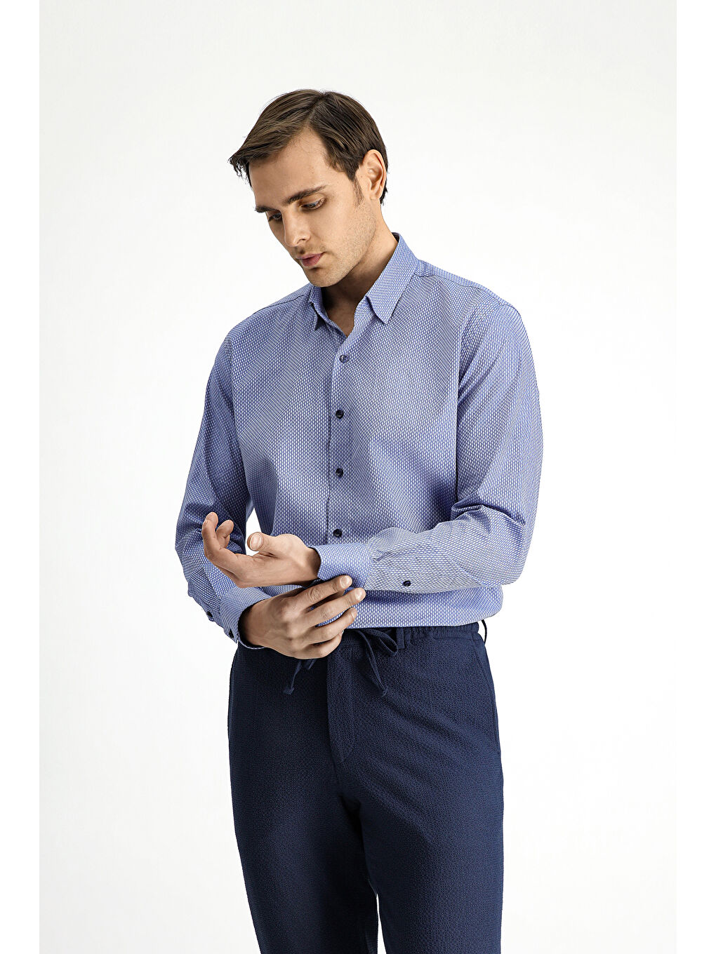 Mavi Uzun Kol Slim Fit Dar Kesim Klasik Desenli Pamuk Gömlek