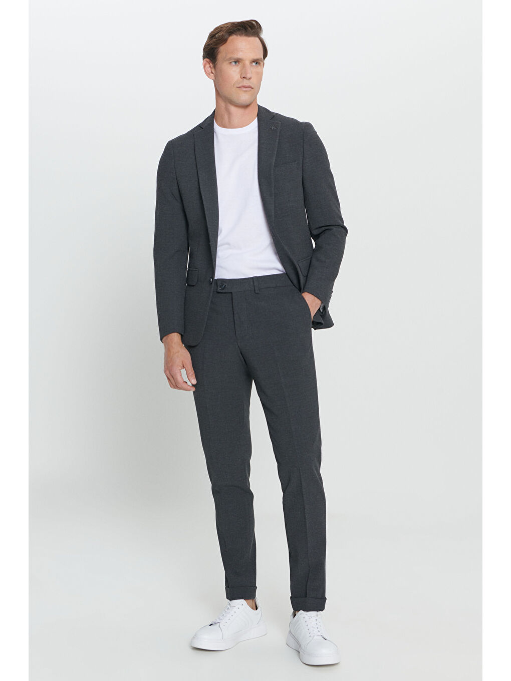 Erkek Antrasit Slim Fit Dar Kesim Mono Yaka Desenli Takım Elbise-2