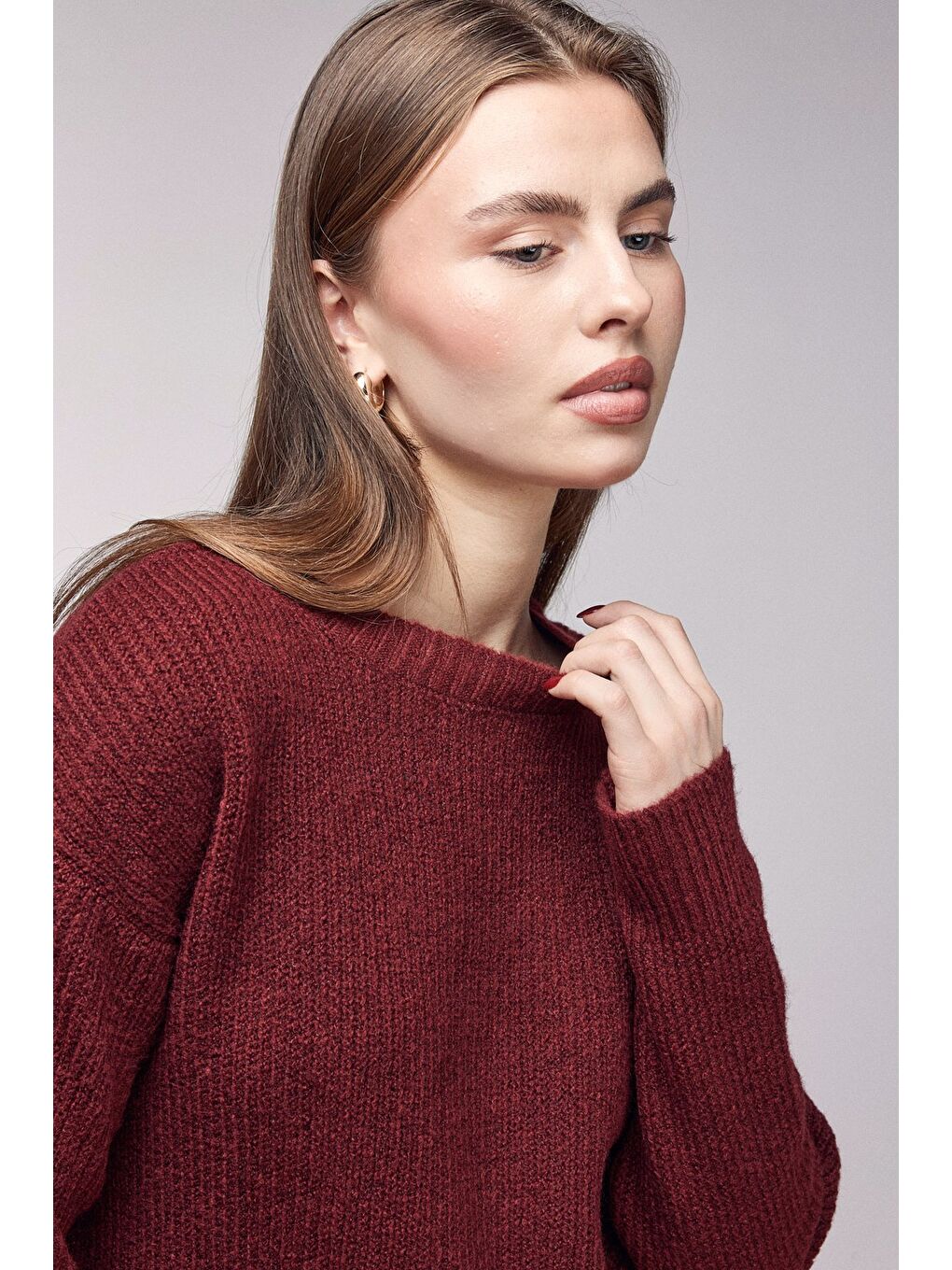 Bordo Bisiklet Yaka Dokulu Triko Kazak-3