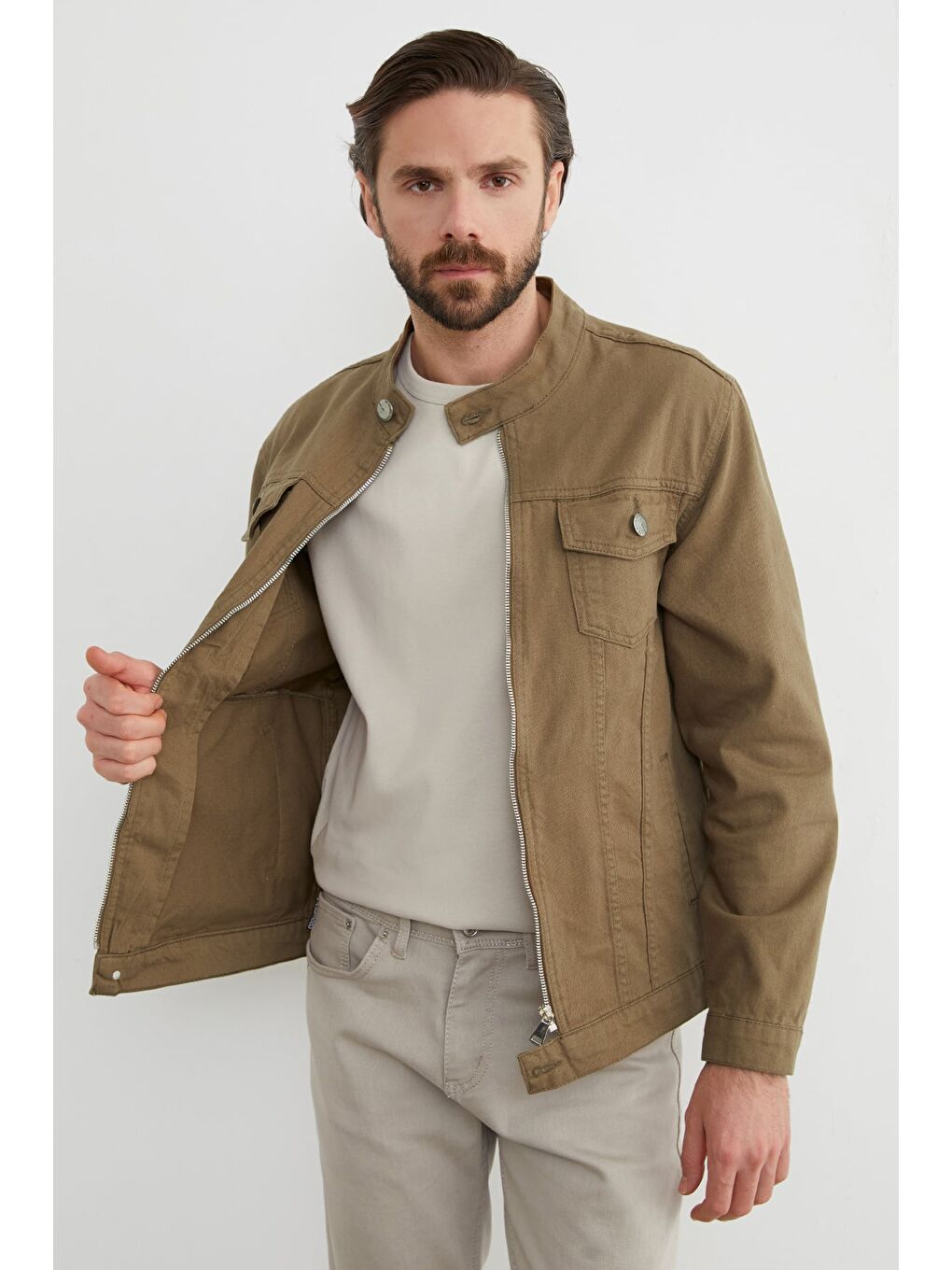 Bej Fermuarlı Cepli Hakim Yaka Jean Ceket-3