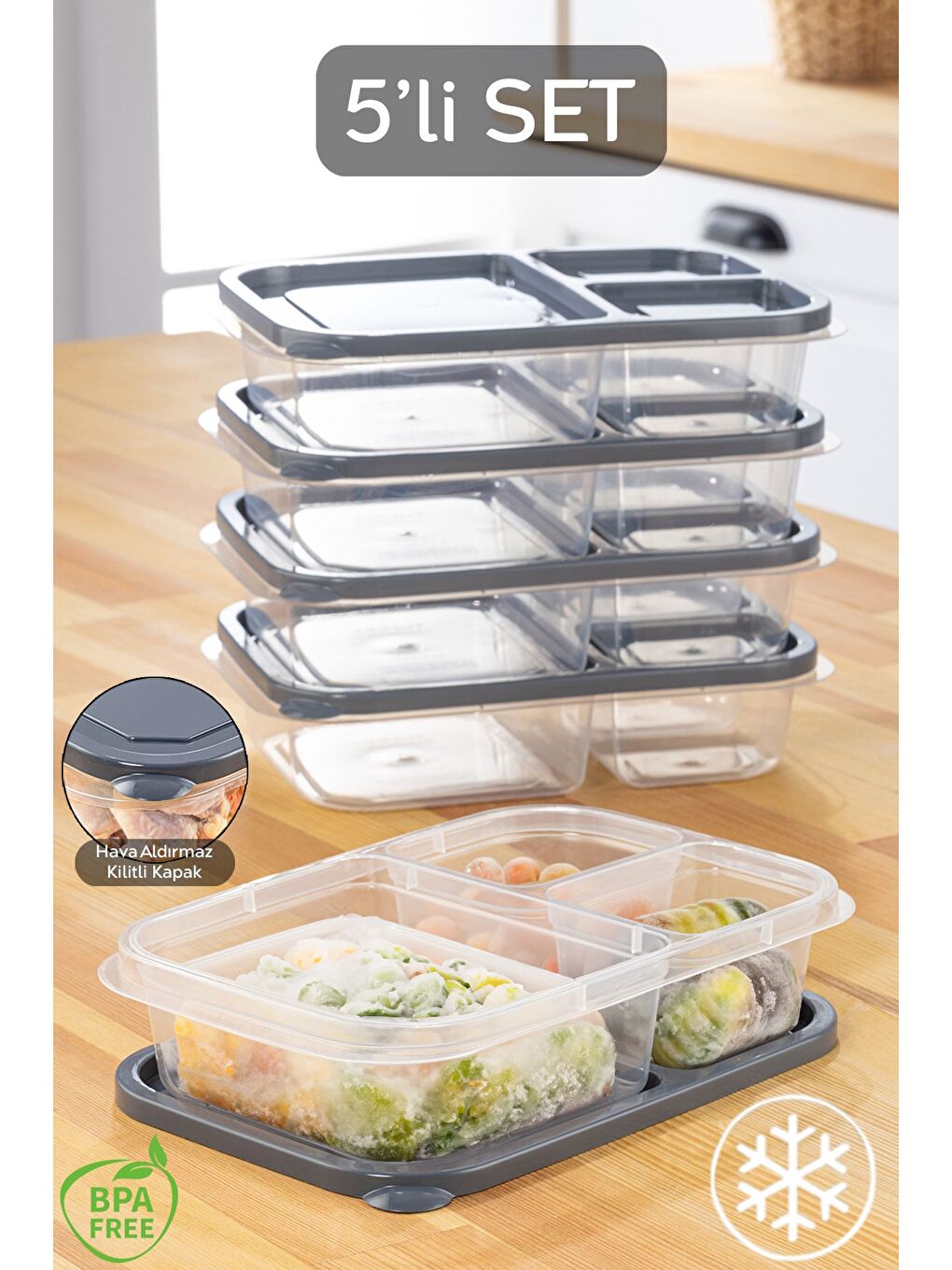 Gri 5'li Set 3 Bölmeli Kapaklı Derin Dondurucu Düzenleme Organizeri Dikdörtgen Buzdolabı Saklama Kutusu-1