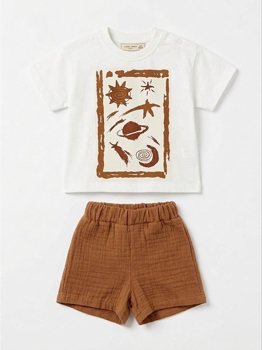Karışık Unisex Bebek Pamuklu Ekru Uzay Temalı Tişört Şort Takım-2