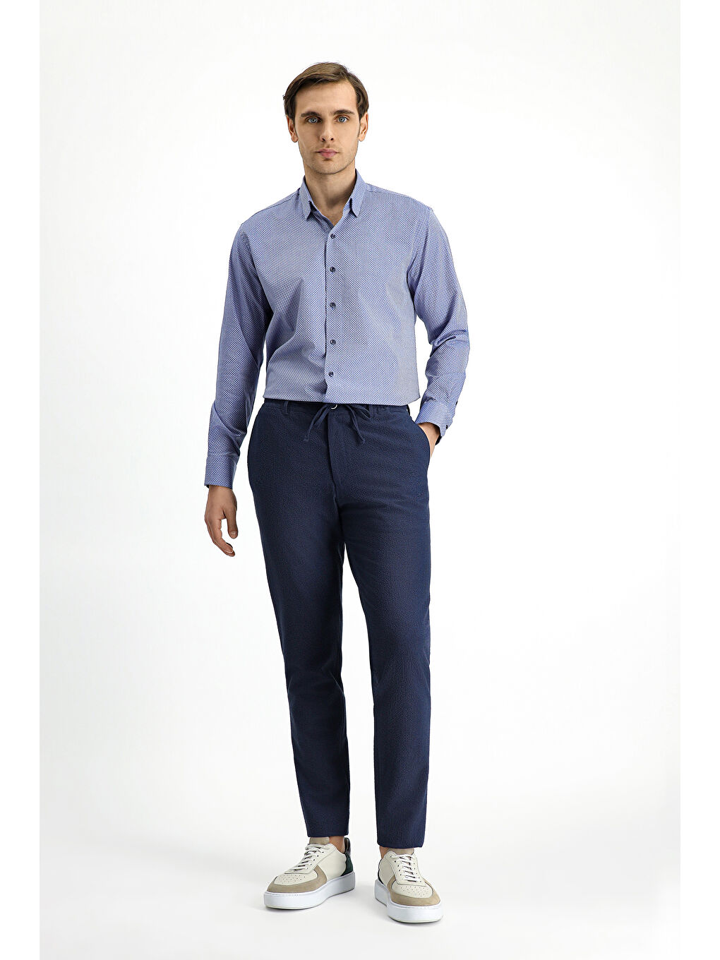 Mavi Uzun Kol Slim Fit Dar Kesim Klasik Desenli Pamuk Gömlek-1