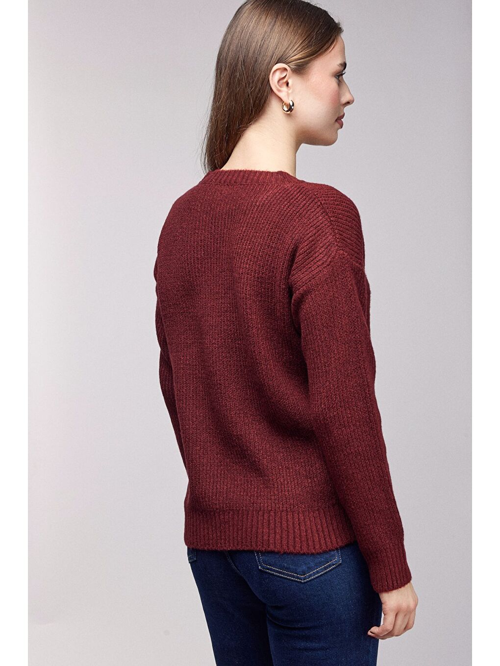 Bordo Bisiklet Yaka Dokulu Triko Kazak-4