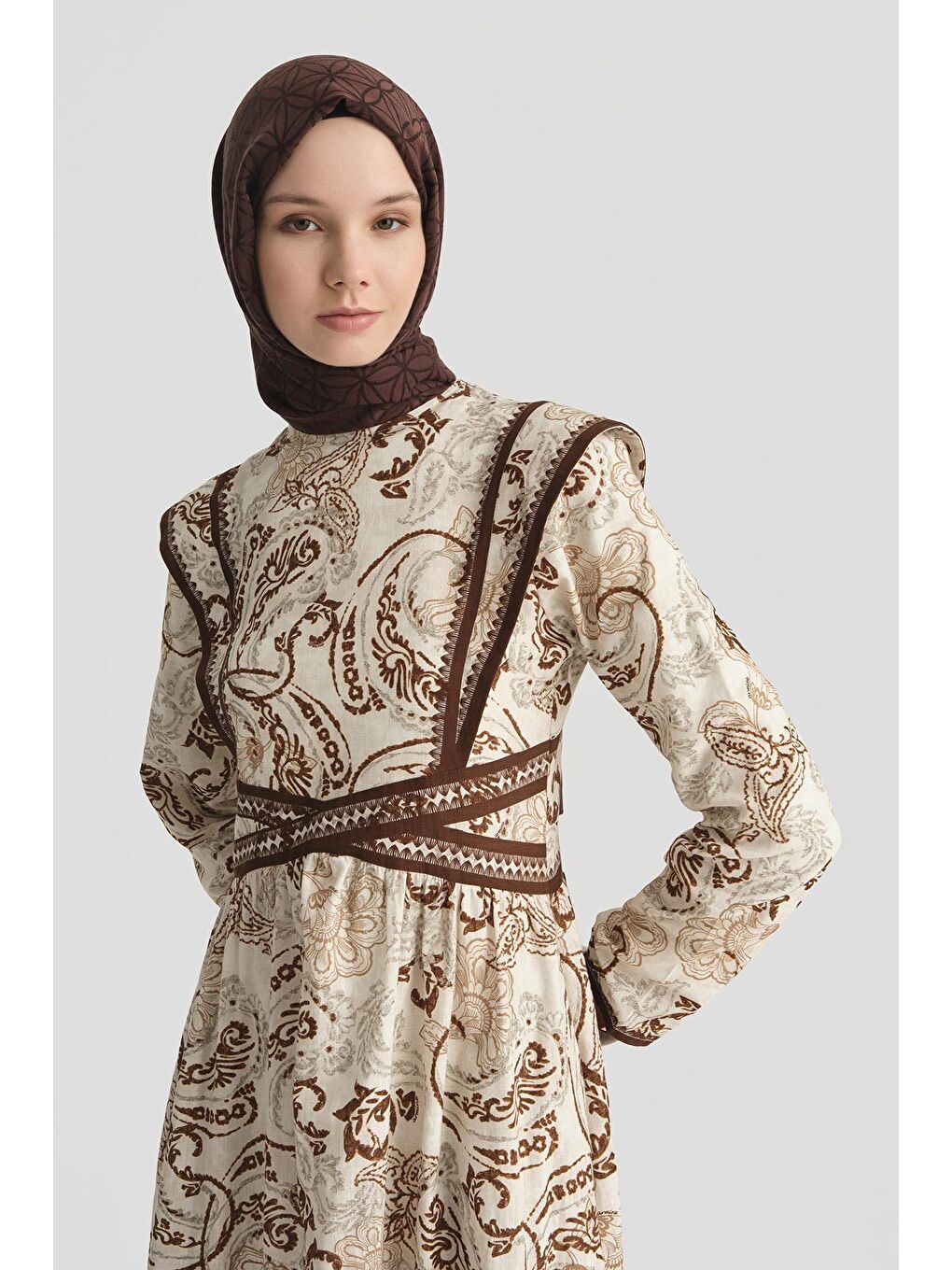 Etnik Desenli Keten Elbise 25Y9008 Kahverengi-1