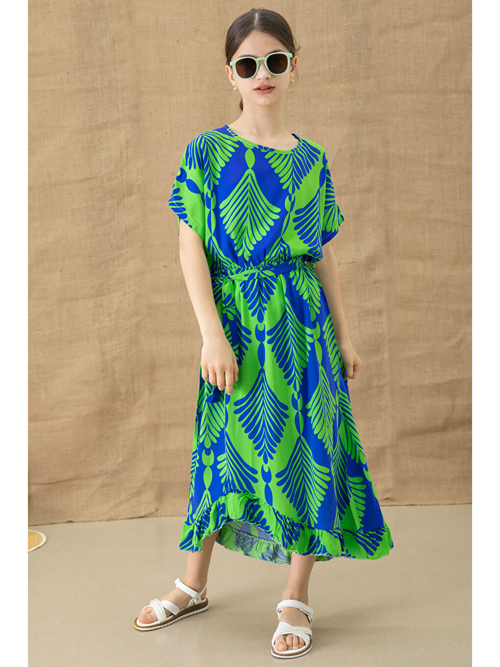 Yeşil Yaprak Desenli Fırfırlı Kız Çocuk Kuşaklı Elbise 20765