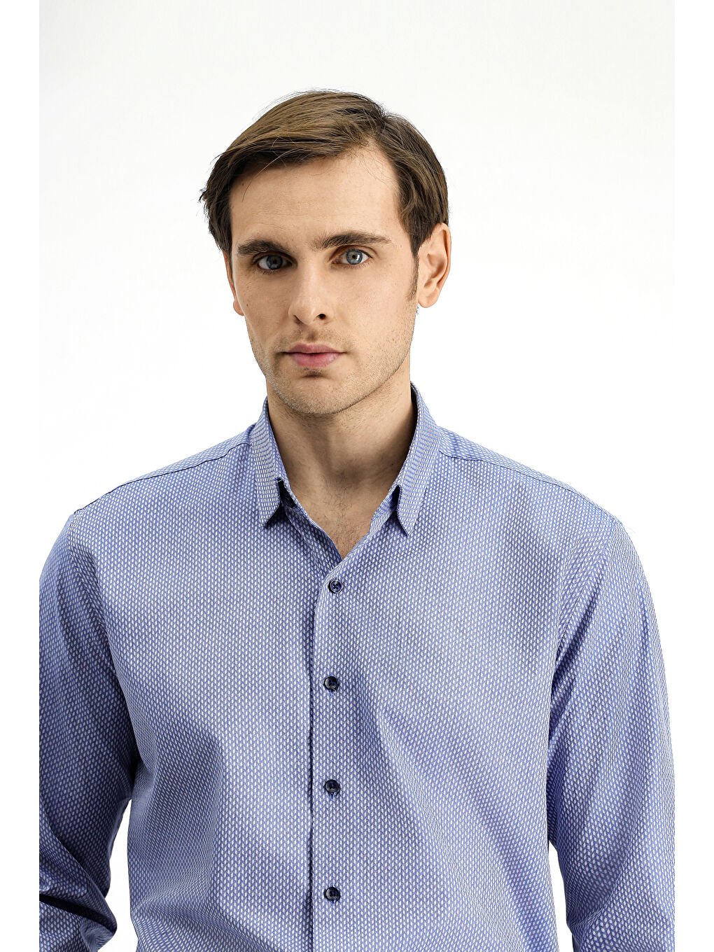 Mavi Uzun Kol Slim Fit Dar Kesim Klasik Desenli Pamuk Gömlek-2