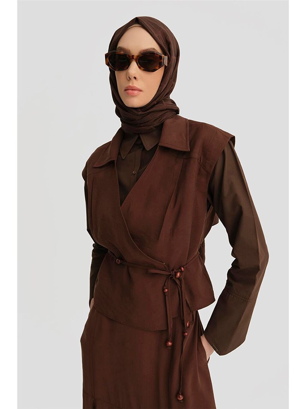 Kahverengi Boncuk Detaylı Yelek 25Y4503 Açık Kahve-2