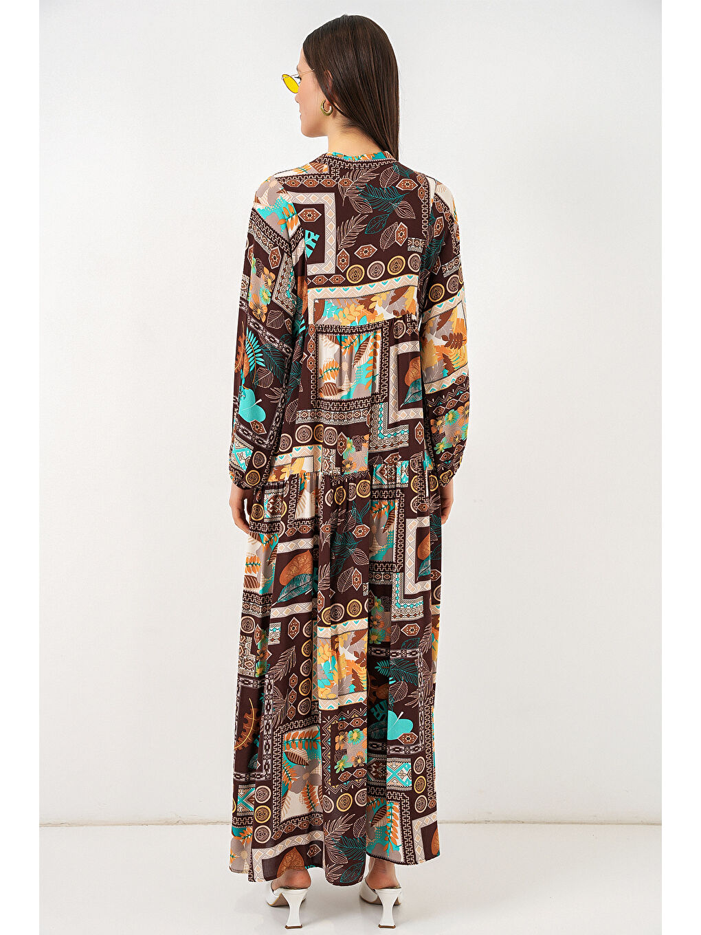 Kahverengi Kadın Desenli Uzun Tesettür Elbise 2585 - D.Kahve-5