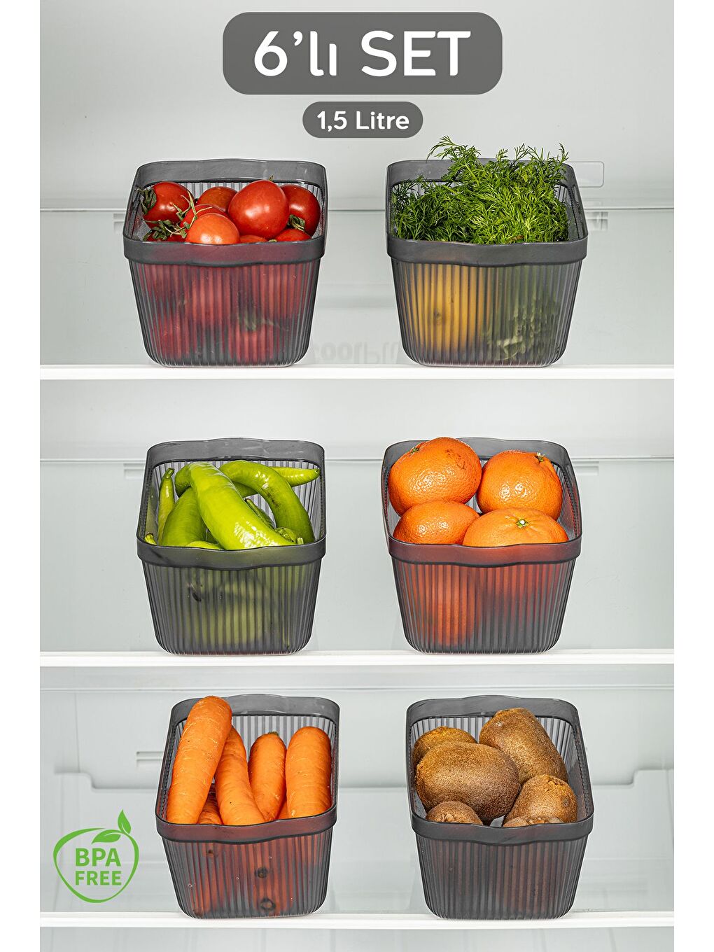 Gri 6'lı Set Perry Mutfak Buzdolabı Derin Dondurucu Kabı Buzdolabı Dolap Erzak Düzenleme 1,5 lt Füme