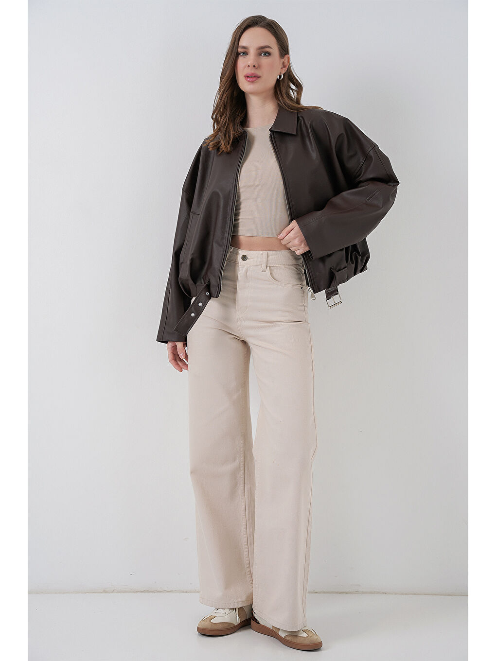 Kadın Kemer Detaylı Deri Ceket 1056 - Kahverengi-1