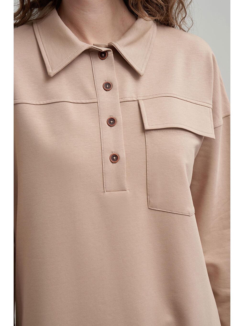 Bej Vizon-Pamuklu Cep Detaylı Tunik-4