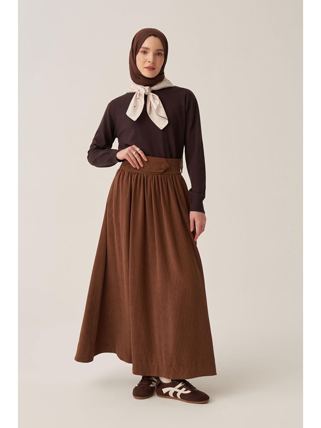 Kahverengi Kahve-Fitilli Kadife Kloş Etek-1