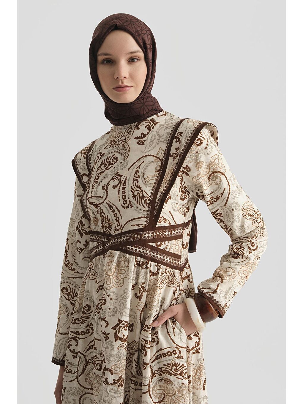 Etnik Desenli Keten Elbise 25Y9008 Kahverengi-3