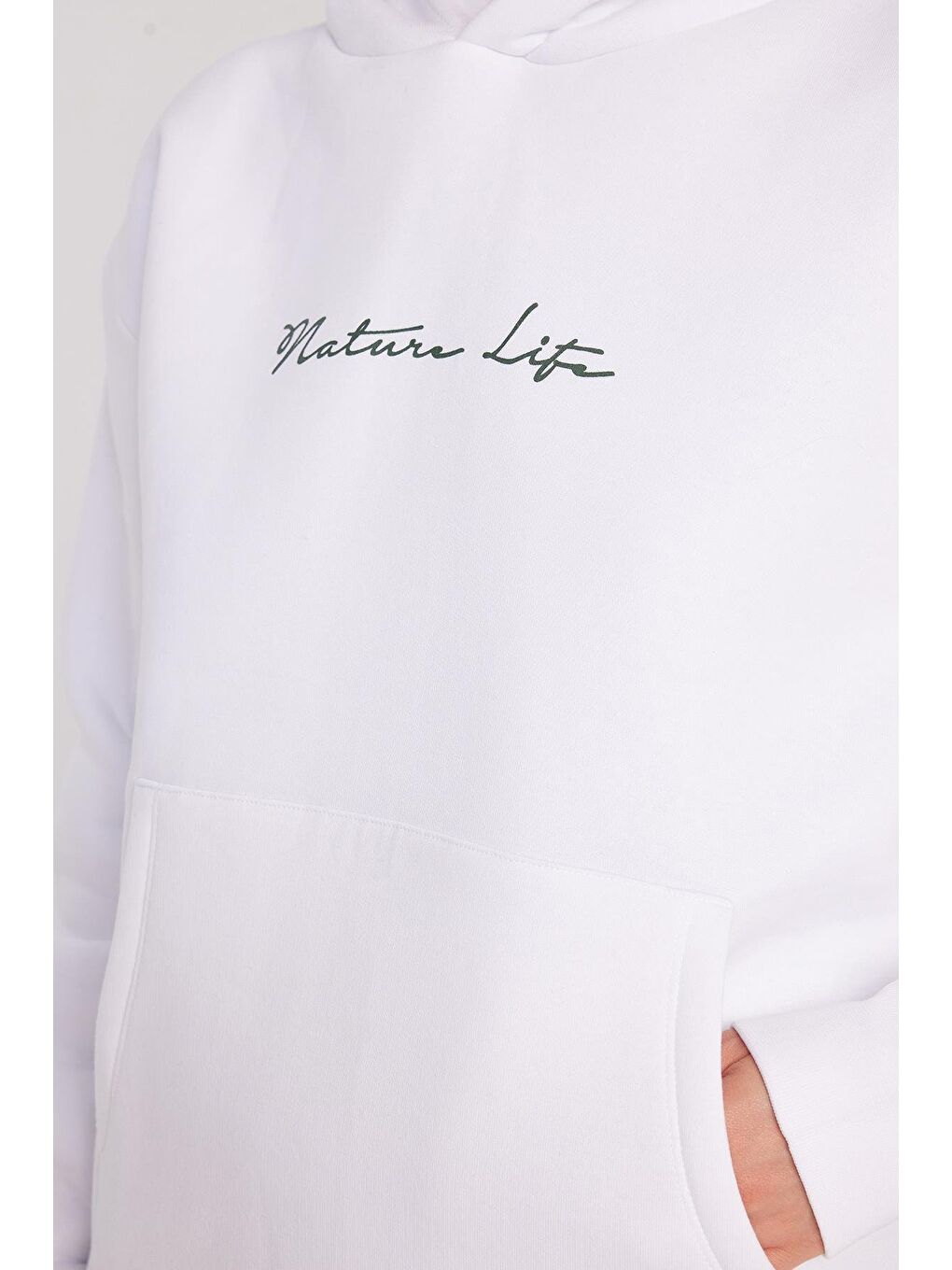 Kadın Oversize Geniş Kesim Pamuklu Yumuşak Dokulu İçi Polarlı Baskılı Beyaz Kapüşonlu Sweatshirt-2