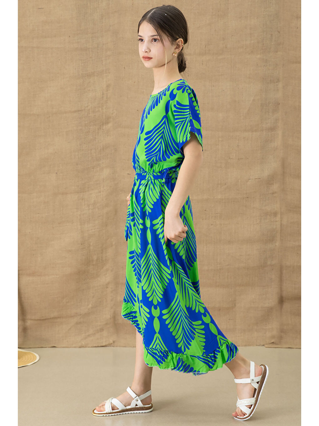 Yeşil Yaprak Desenli Fırfırlı Kız Çocuk Kuşaklı Elbise 20765-3