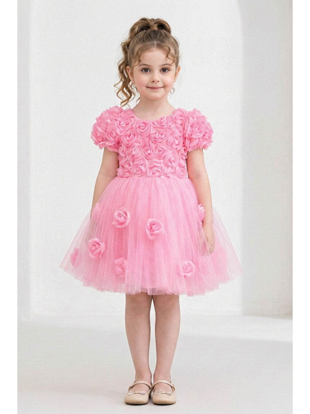 Pembe Rosali Lase Detay Kız Tütü Abiye Elbise M00803-1