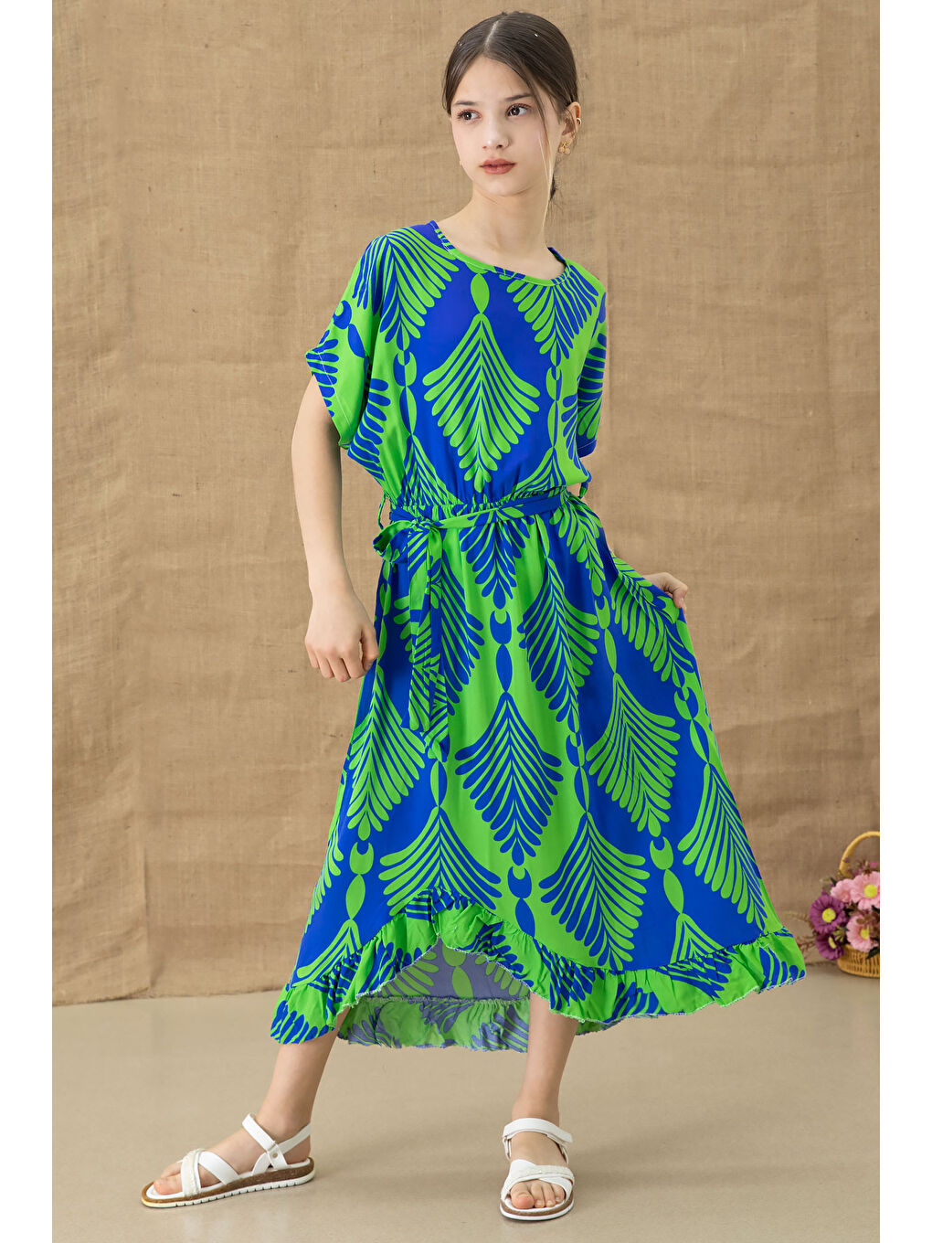 Yeşil Yaprak Desenli Fırfırlı Kız Çocuk Kuşaklı Elbise 20765-4