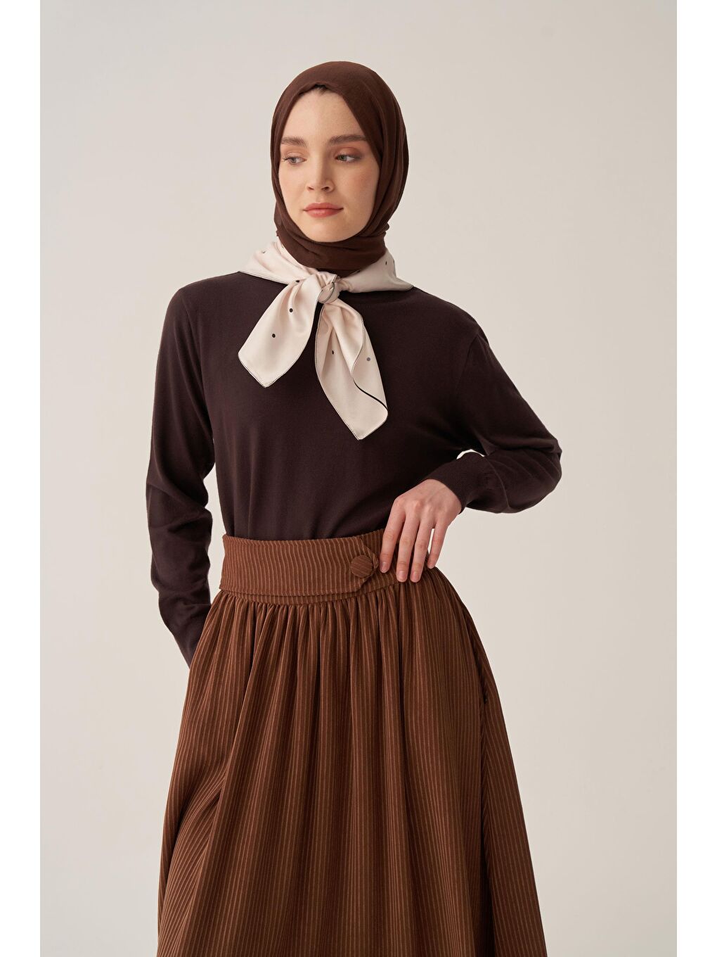 Kahverengi Kahve-Fitilli Kadife Kloş Etek-4