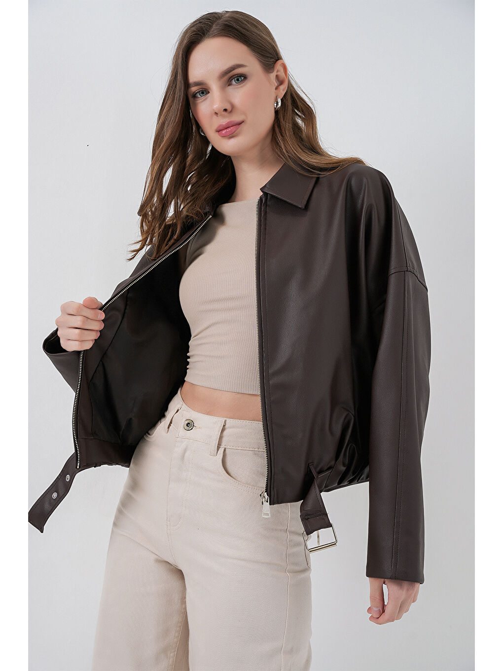 Kadın Kemer Detaylı Deri Ceket 1056 - Kahverengi-2