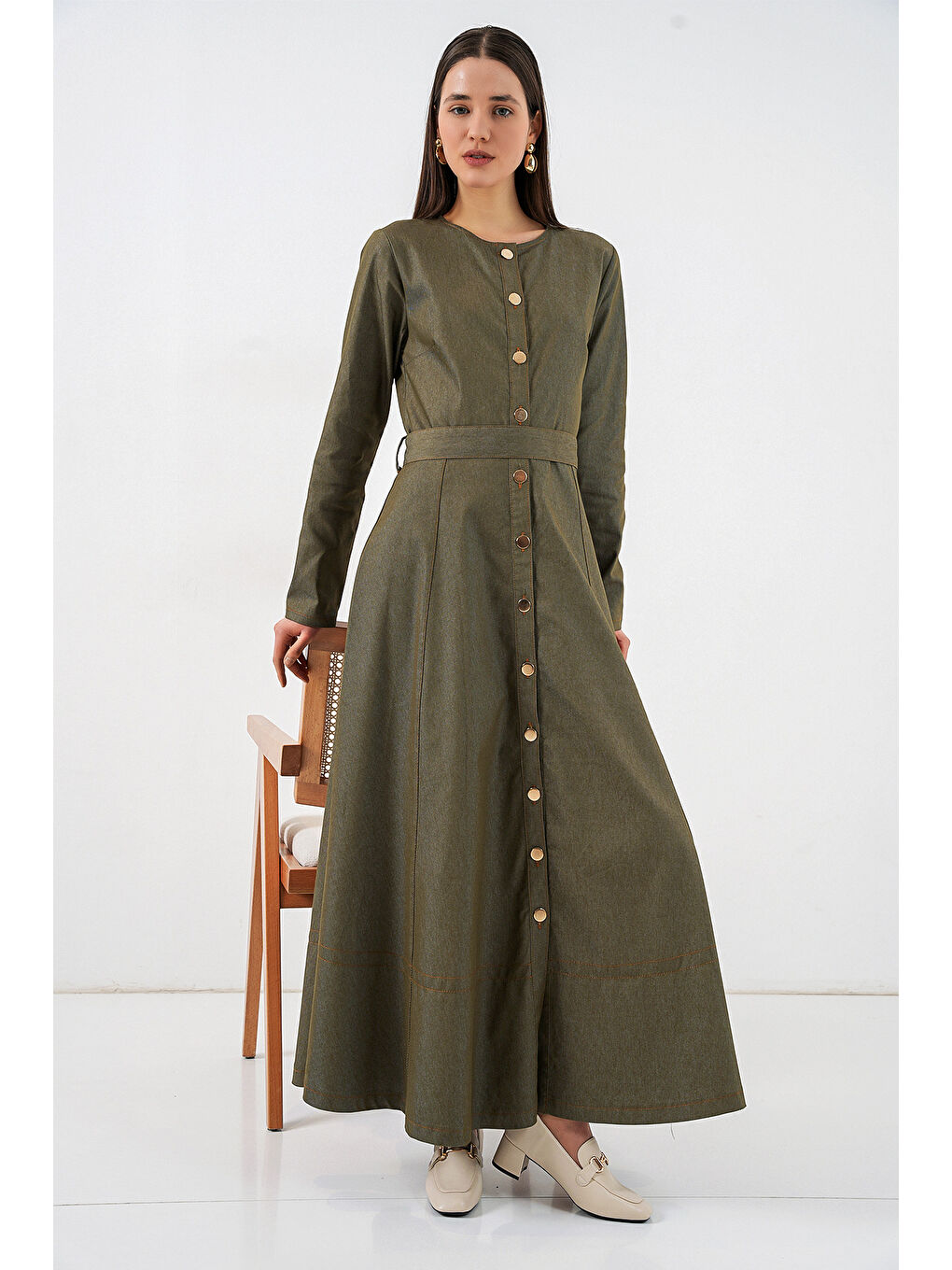 Kadın Kuşaklı Uzun Denim Elbise 2595 - Haki