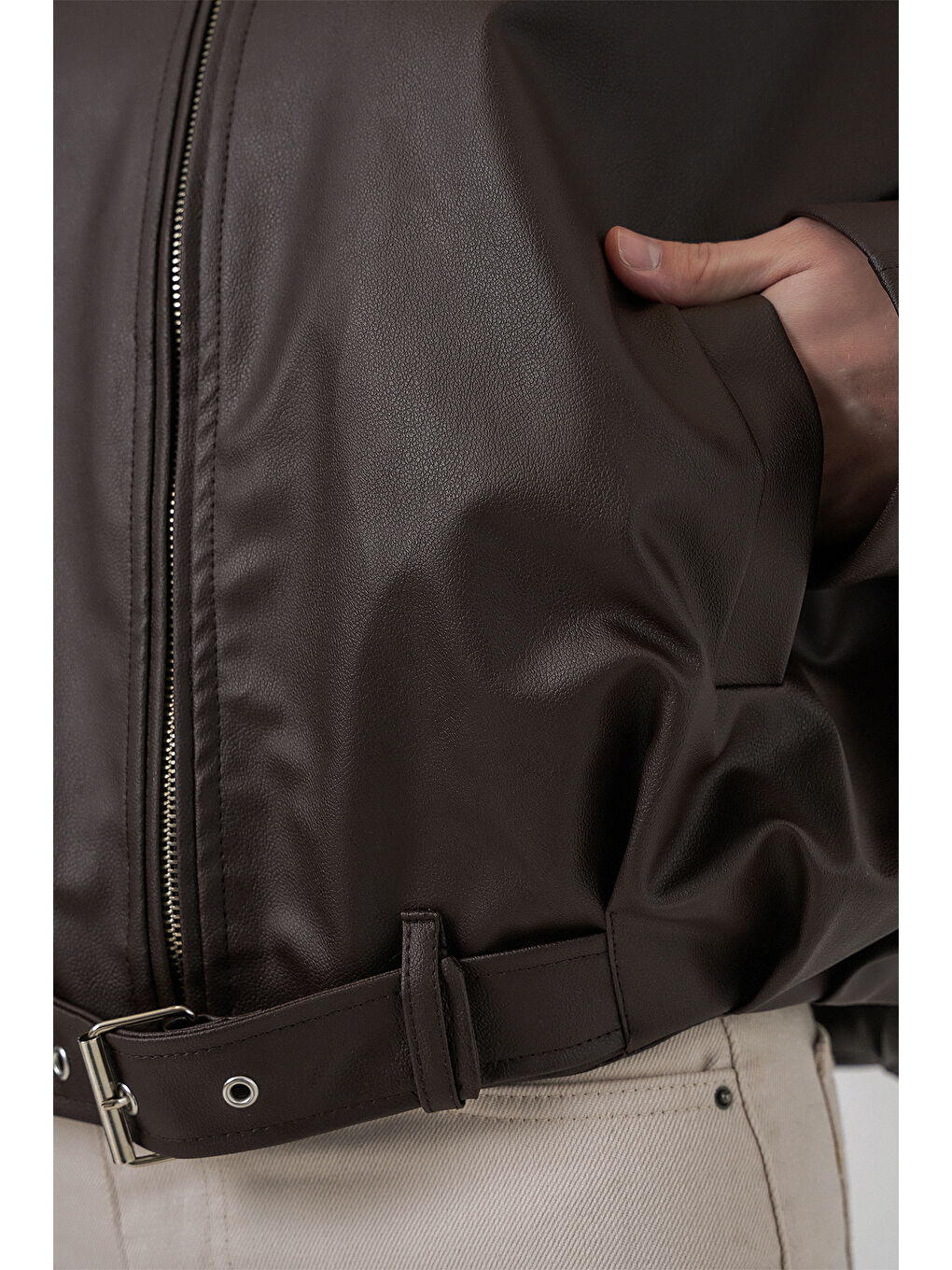 Kadın Kemer Detaylı Deri Ceket 1056 - Kahverengi-3