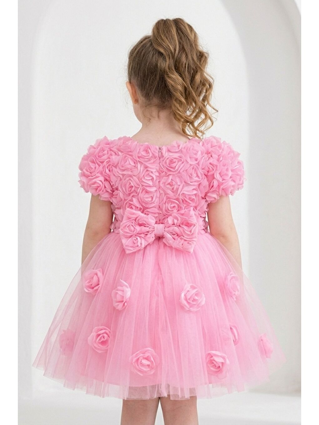 Pembe Rosali Lase Detay Kız Tütü Abiye Elbise M00803-2