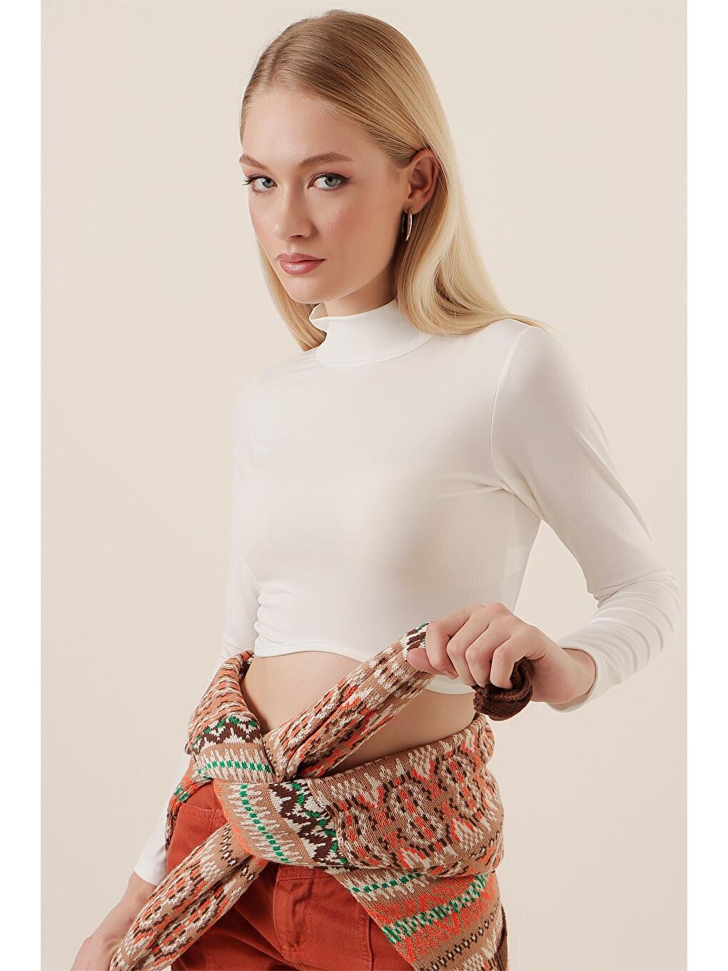 Ekru Yarım Balıkçı Yaka Uzun Kollu Elastanlı Streç Body-3