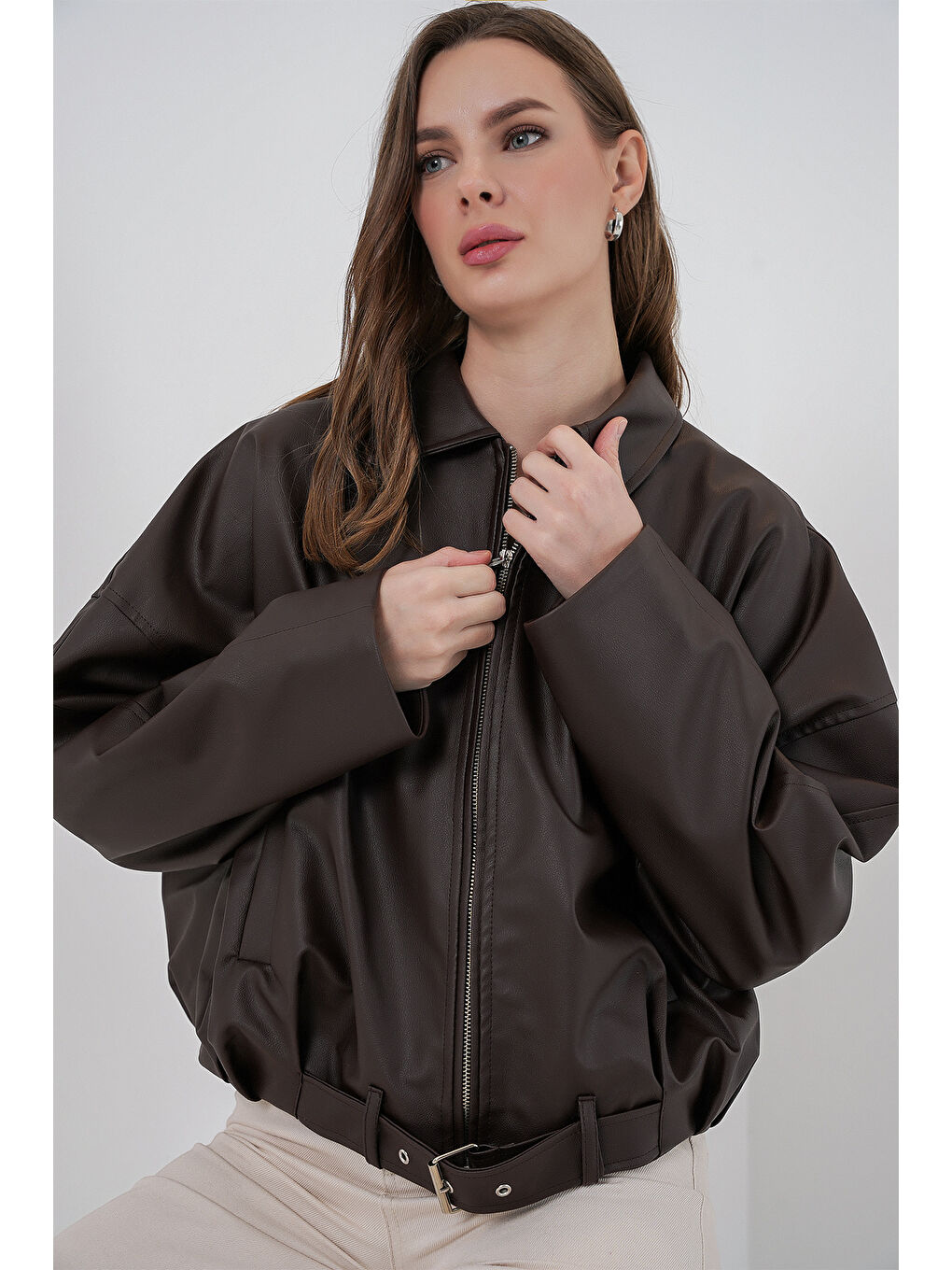 Kadın Kemer Detaylı Deri Ceket 1056 - Kahverengi-4