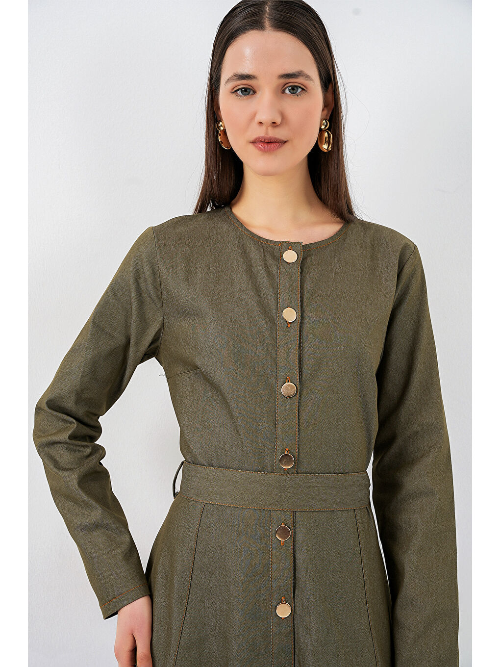 Kadın Kuşaklı Uzun Denim Elbise 2595 - Haki-1