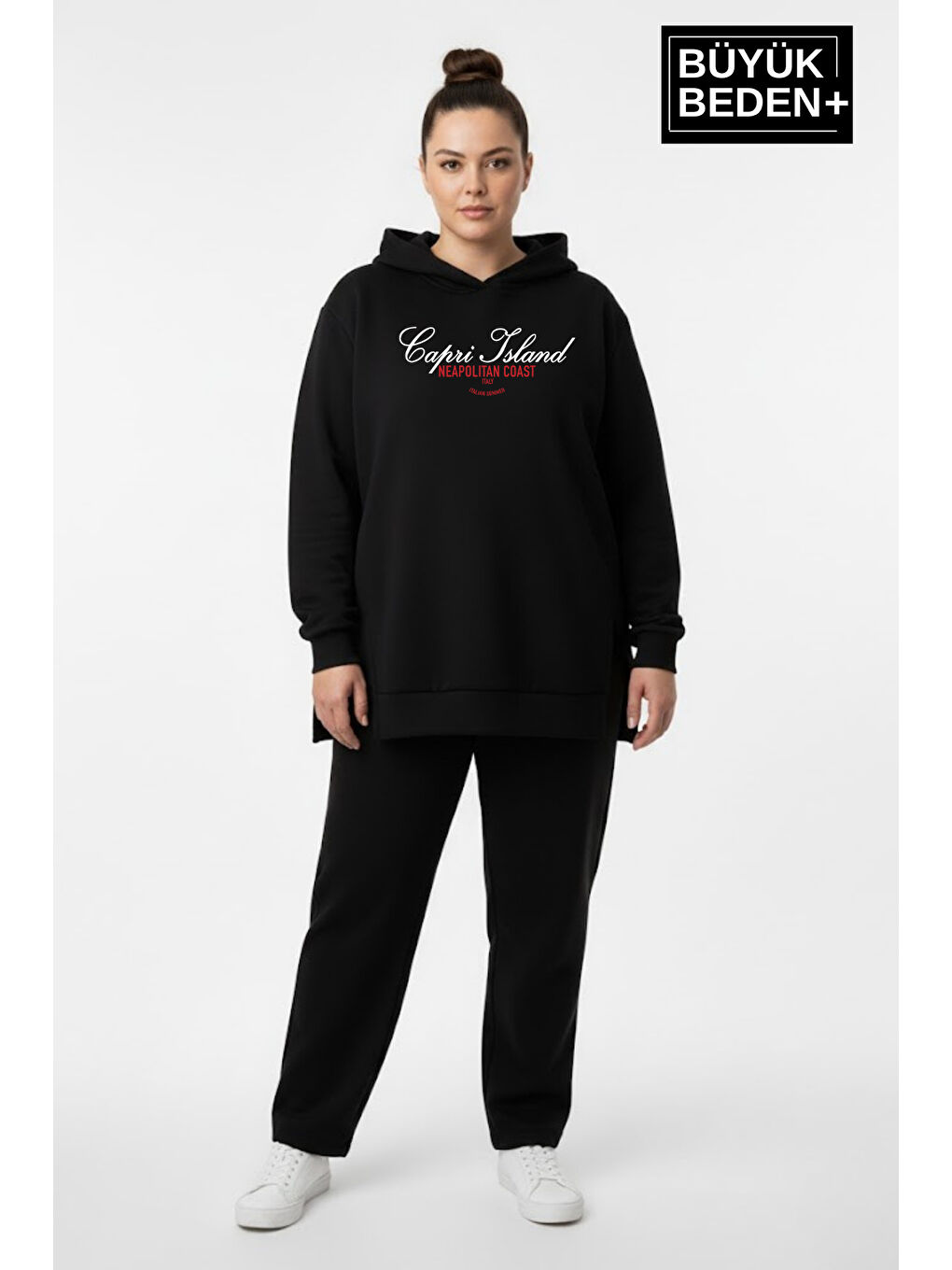 Siyah Büyük Beden Kapüşonlu Capri İsland Baskılı Tunik ince Sweatshırt SPR26BTK991-2