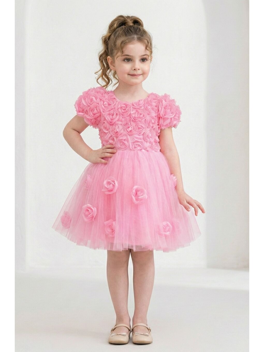 Pembe Rosali Lase Detay Kız Tütü Abiye Elbise M00803-3