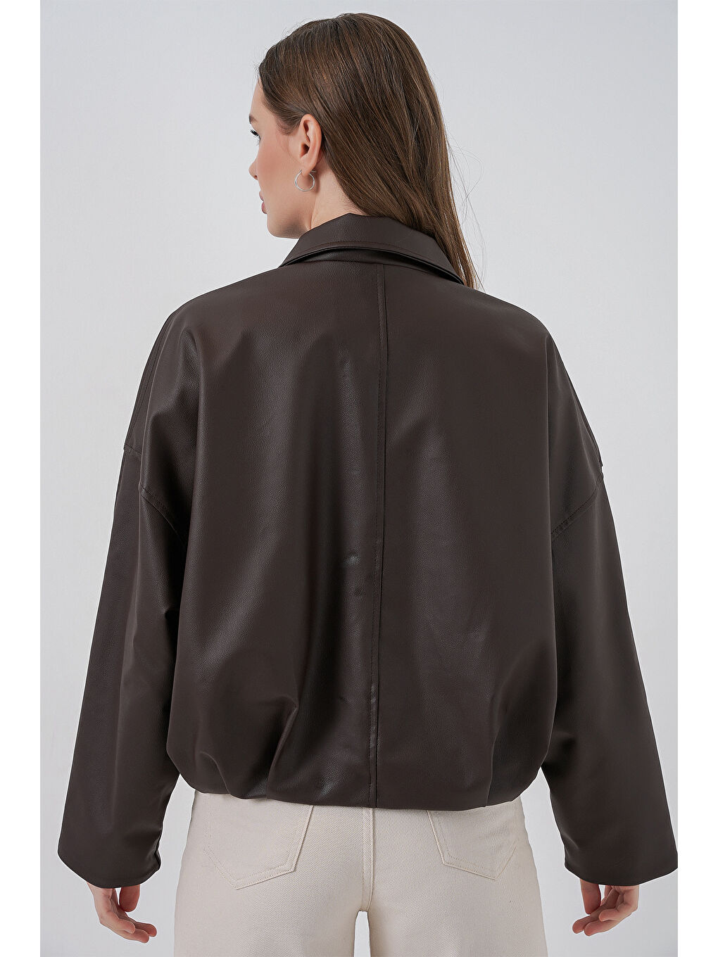 Kadın Kemer Detaylı Deri Ceket 1056 - Kahverengi-5