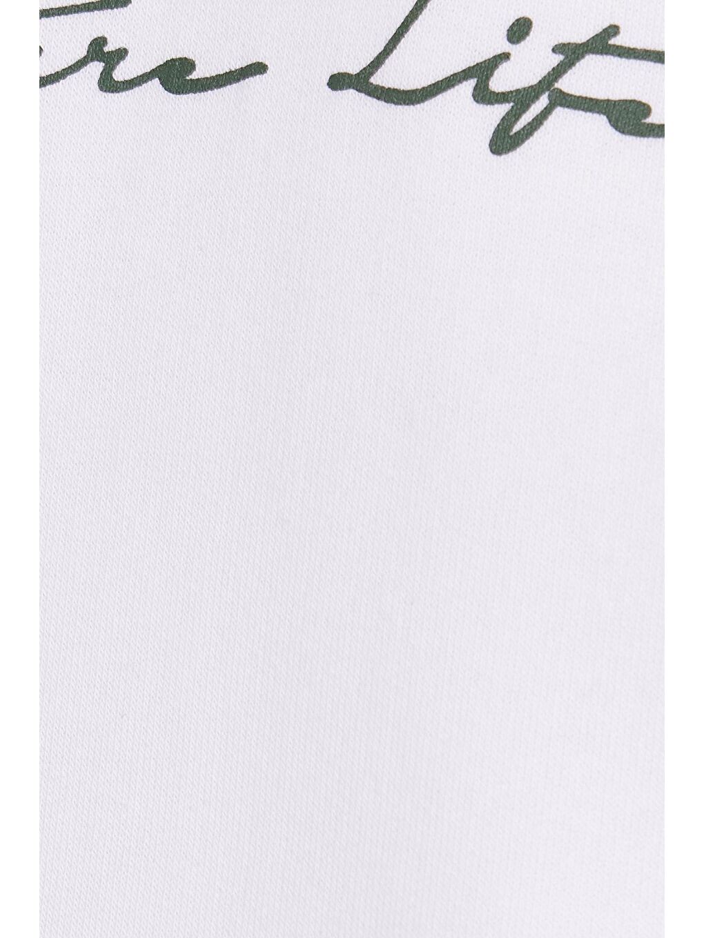 Kadın Oversize Geniş Kesim Pamuklu Yumuşak Dokulu İçi Polarlı Baskılı Beyaz Kapüşonlu Sweatshirt-5