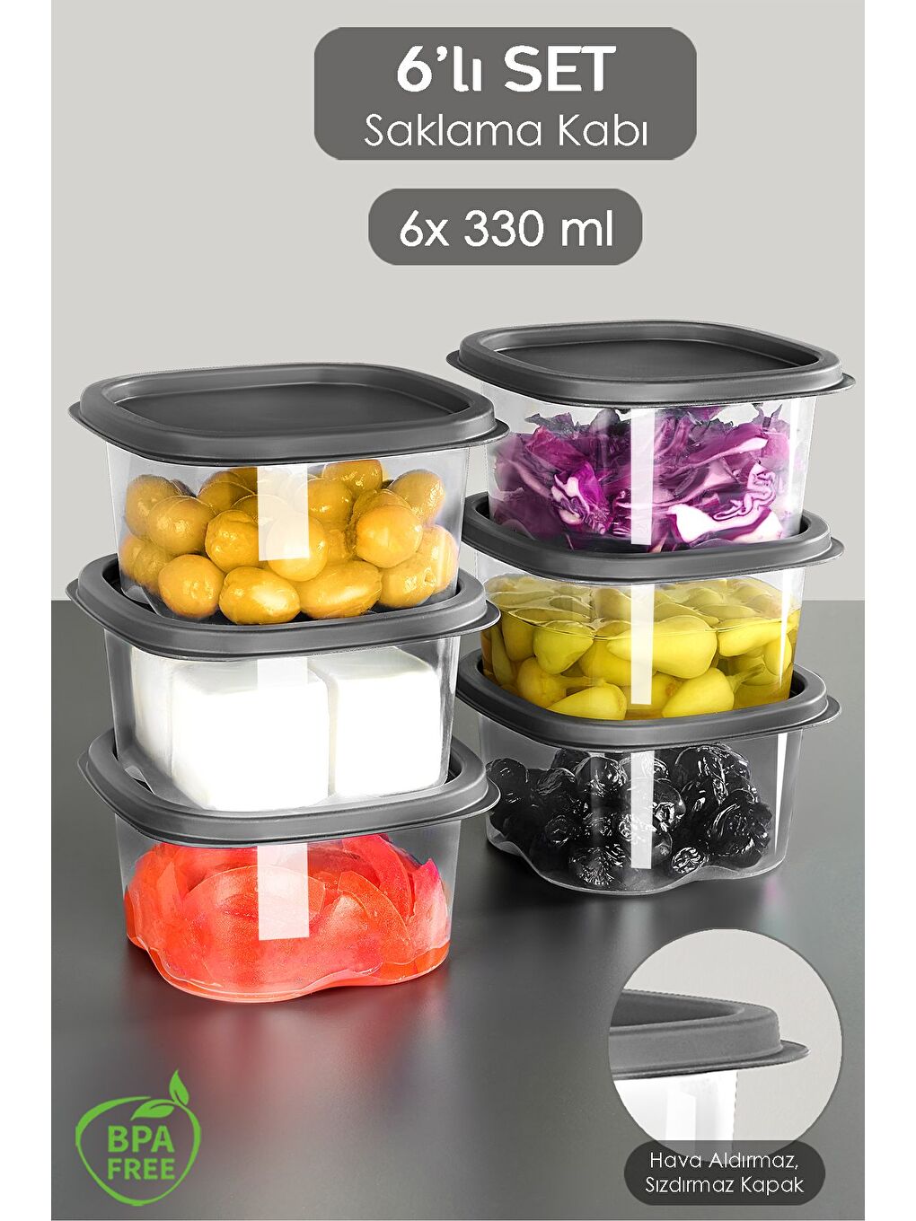 Gri 6 Adet Kare Erzak Gıda Saklama Kabı 330 ml Antrasit