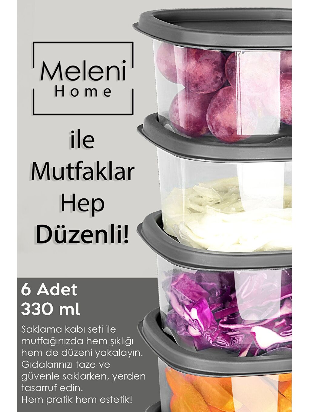 Gri 6 Adet Kare Erzak Gıda Saklama Kabı 330 ml Antrasit-2