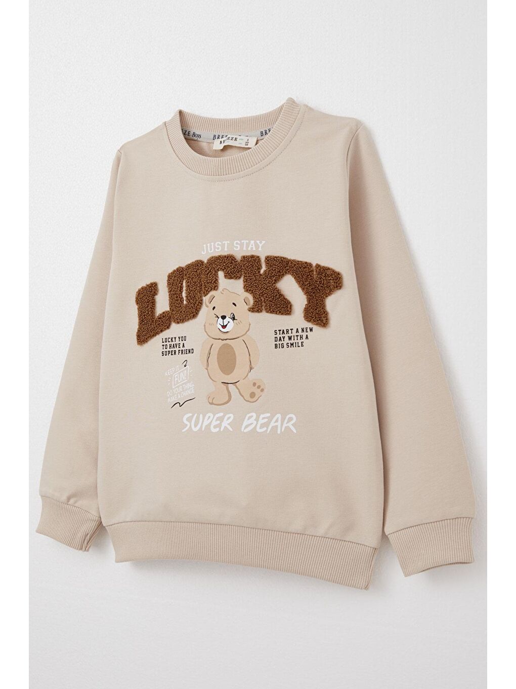 Erkek Bebek Eşofman Takım Şanslı Ayıcık Baskılı Yazı Nakışlı Bej (1-1.5 Yaş)-5