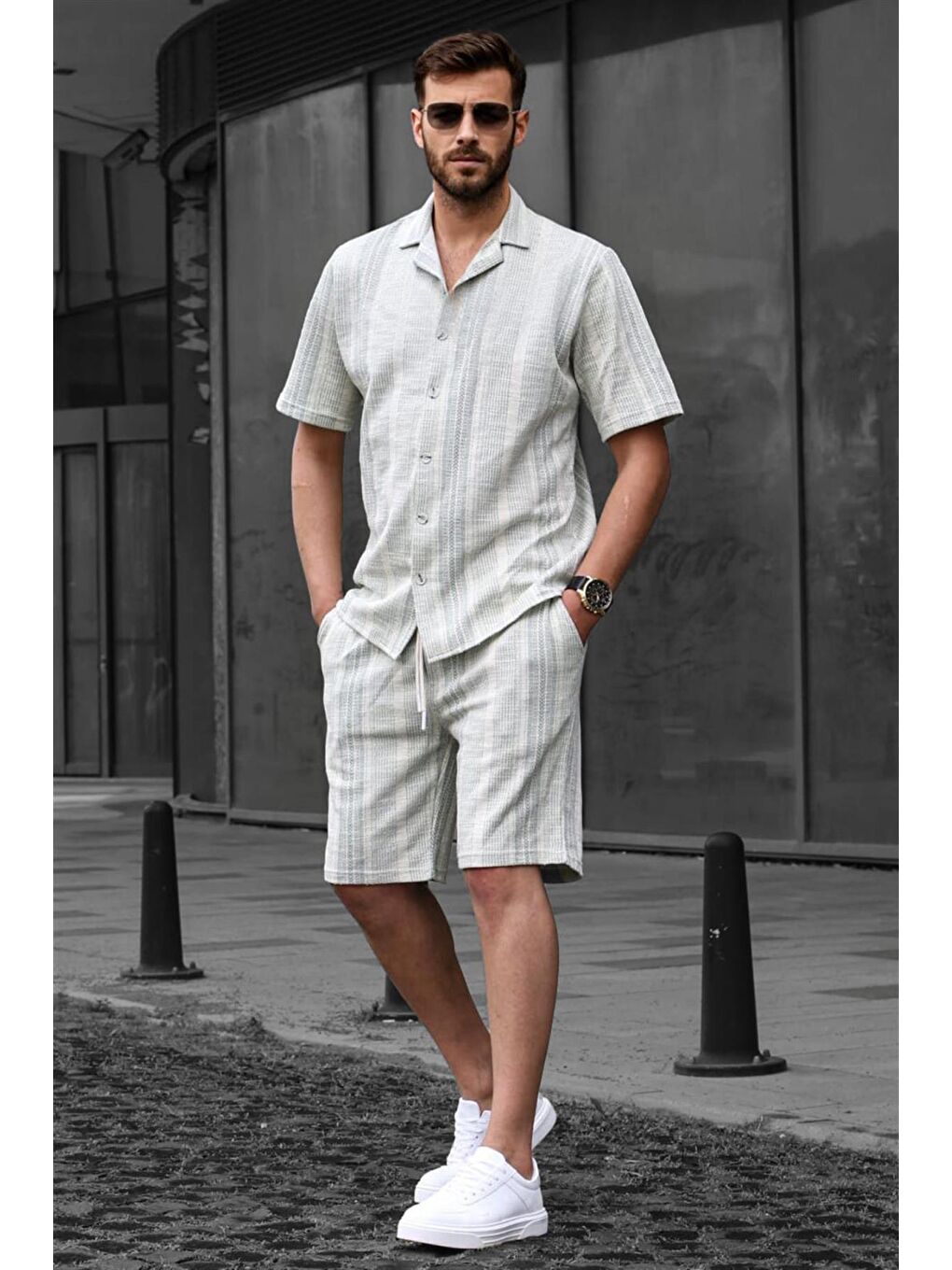 Gri Çizgili Erkek Şort %100 Pamuk Takımı 6701-1