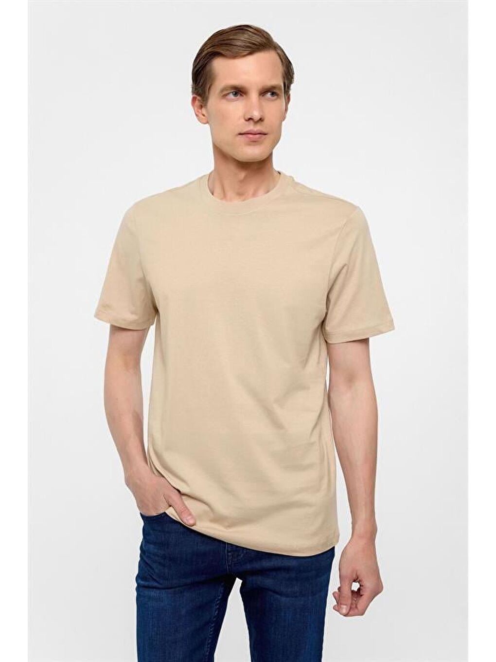 Bej Regular Düz Bisiklet Yaka Tişört-1