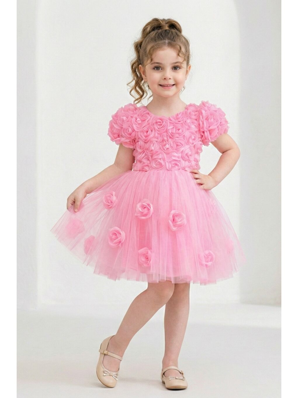 Pembe Rosali Lase Detay Kız Tütü Abiye Elbise M00803-4