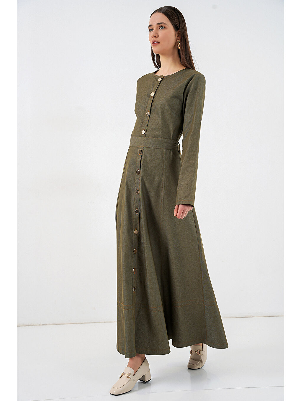 Kadın Kuşaklı Uzun Denim Elbise 2595 - Haki-2