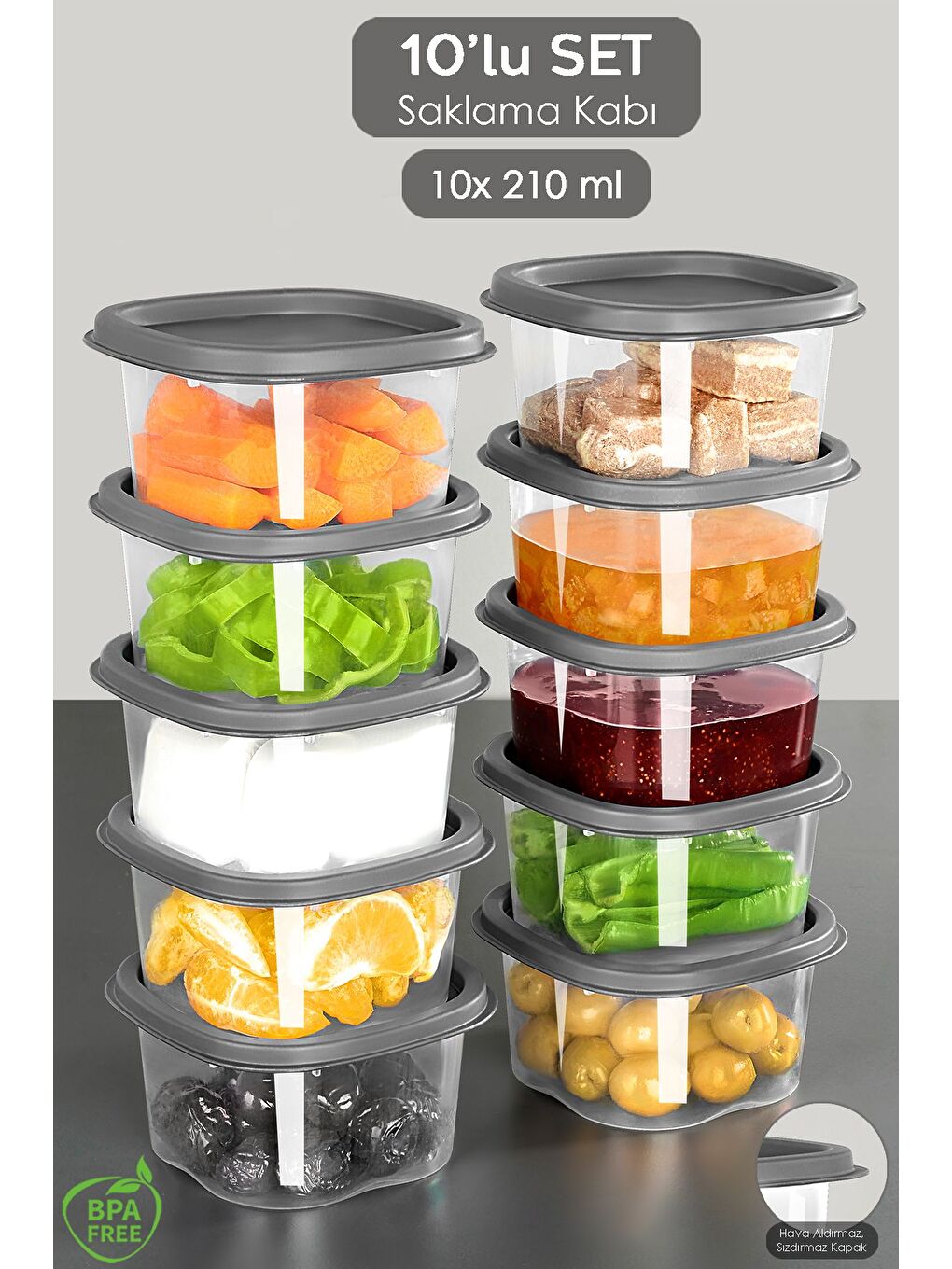 Gri 10 Adet Kare Erzak Gıda Saklama Kabı 210 ml Antrasit
