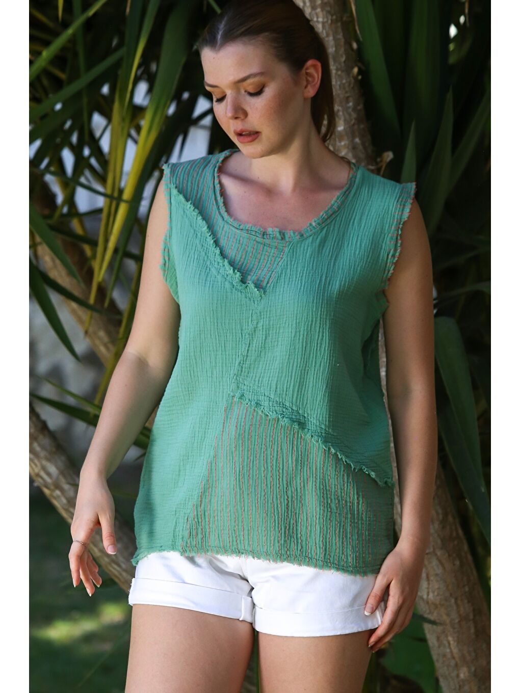 Yeşil Organik Pamuk Mint Yuvarlak Yaka Kolsuz Yıkamalı Pis Dikişli Casual Müslin Dokuma Bluz 70 60-3